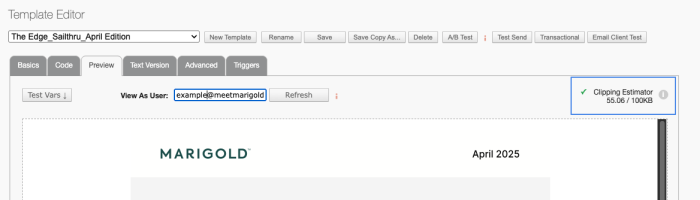 The HTML Template Editor with the clipping estimator highlighted