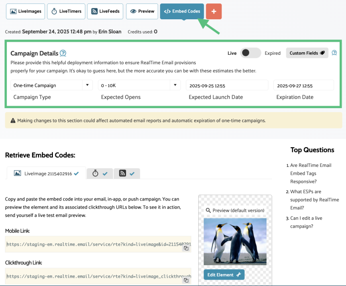 The full embed code screen with the campaign details section highlighted