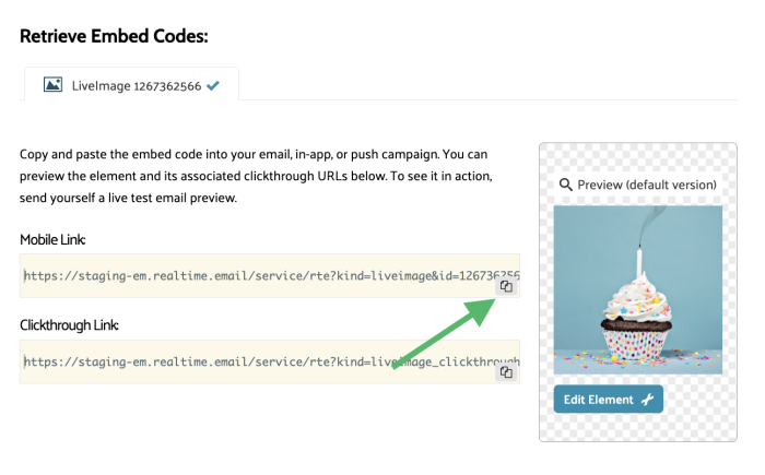 The mobile embed codes page with the copy button highlighted