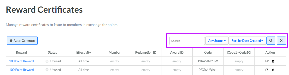 Search for a Reward Certificate Code