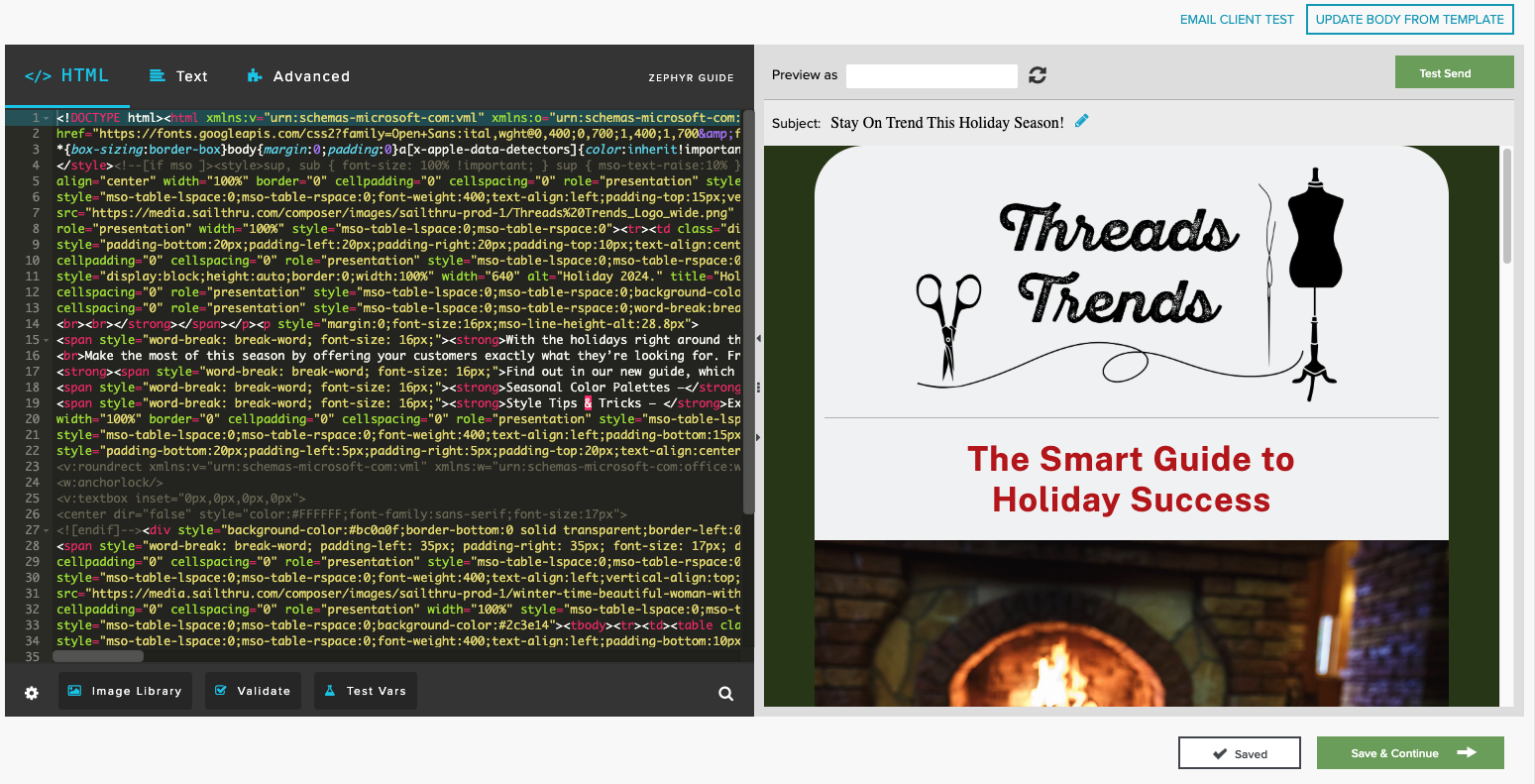 The design screen with html content and a visual preview