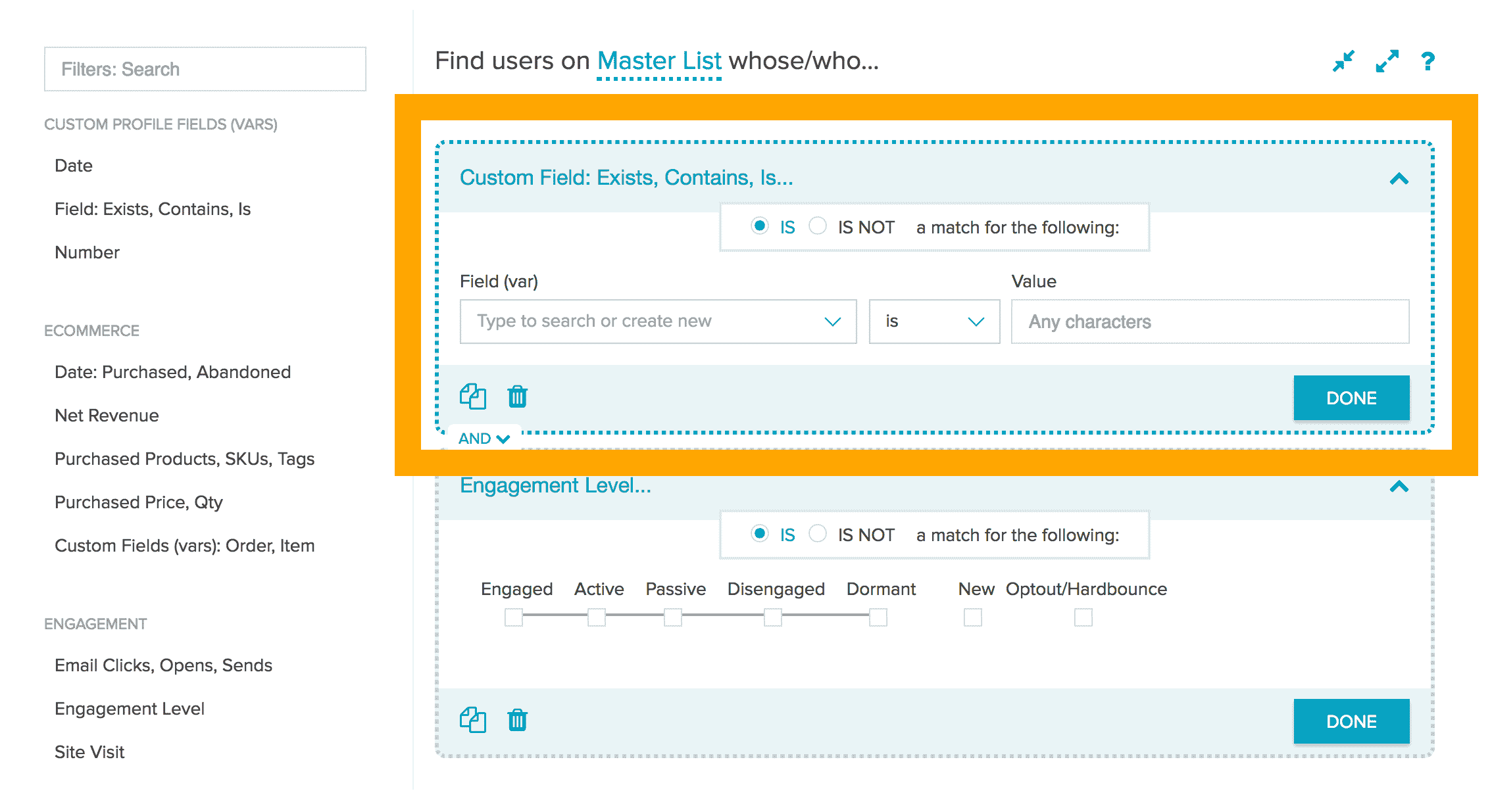Audience Builder with a selected filter highlighted